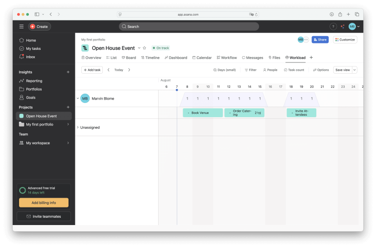 Asana 的「工作负荷／产能」视图