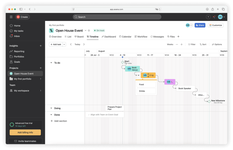 Asana 中的甘特视图
