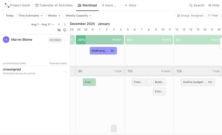 ClickUp-Ansicht „Arbeitslast/Kapazität” ClickUp-Ansicht „Arbeitslast/Kapazität”