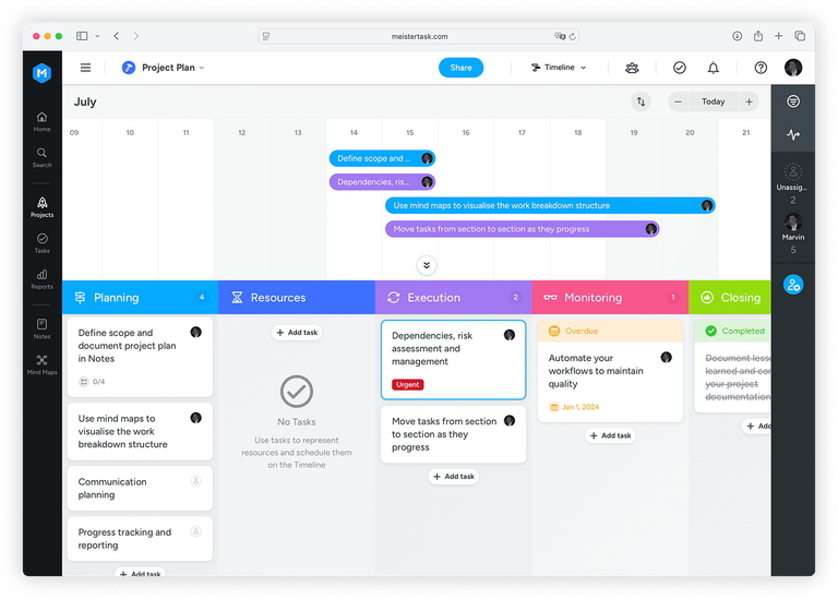 Línea de tiempo (estilo Gantt) en MeisterTask