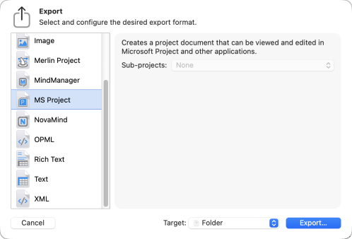 Export sheet in Merlin Project with the MS Project format selected