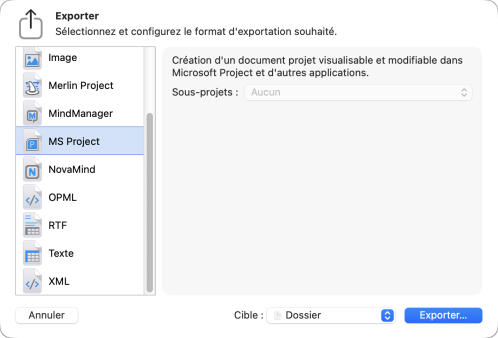 Feuille Exporter de Merlin Project avec le format MS Project sélectionné