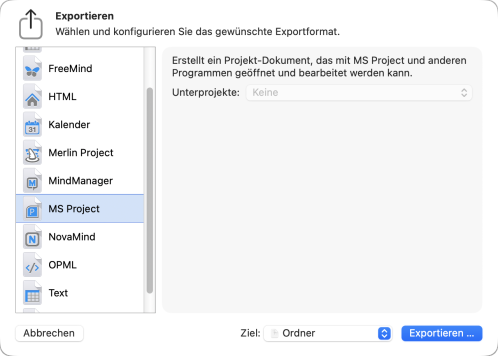 Blatt Exportieren in Merlin Project mit ausgewähltem Format MS Project