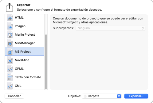 Hoja Exportar de Merlin Project con el formato MS Project seleccionado