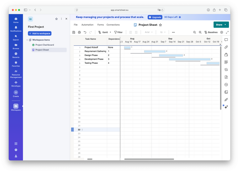 Vista Gantt en Smartsheet