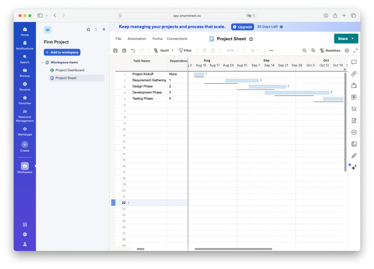 Smartsheet 中的甘特图视图 Smartsheet 中的甘特图视图