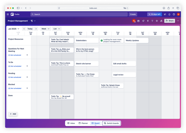 Vista de línea de tiempo en Trello (estilo Gantt)