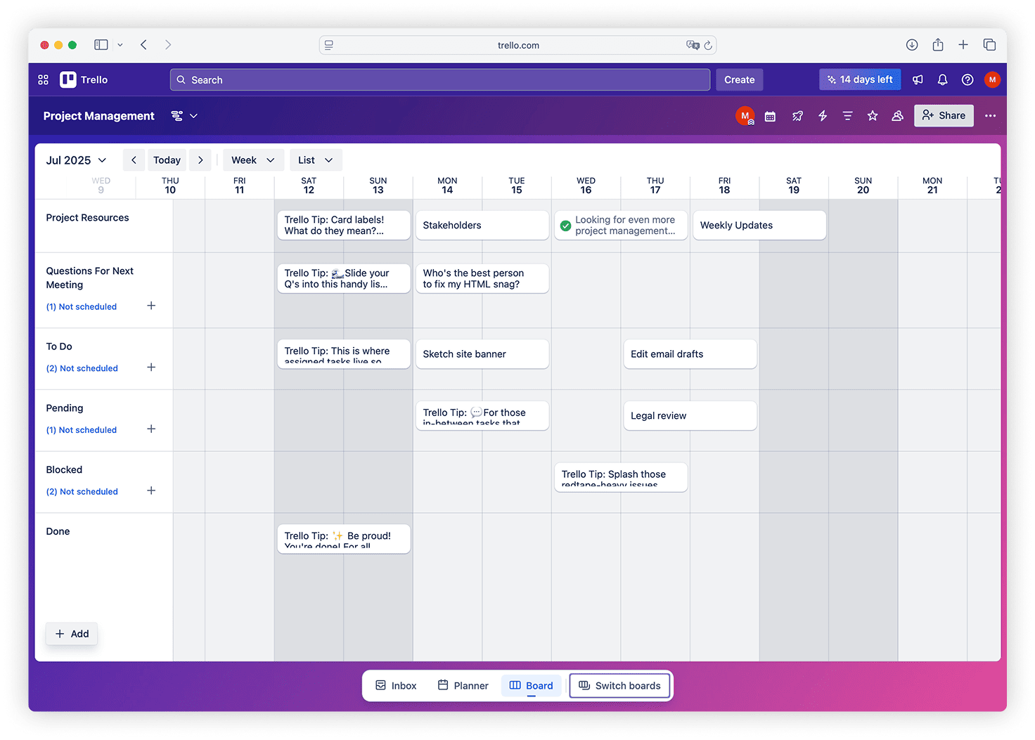 Vista de línea de tiempo en Trello