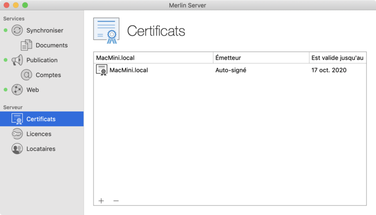 Merlin Server est livré avec un certificat de sécurité auto-signé