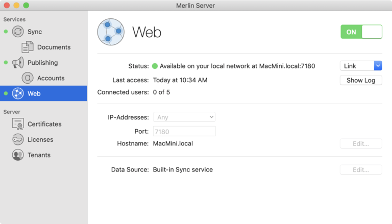 Integrated web server in Merlin Server