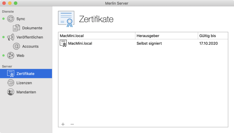 Merlin Server wird mit einem selbstsignierten Sicherheitszertifikat ausgeliefert Merlin Server wird mit einem selbstsignierten Sicherheitszertifikat ausgeliefert