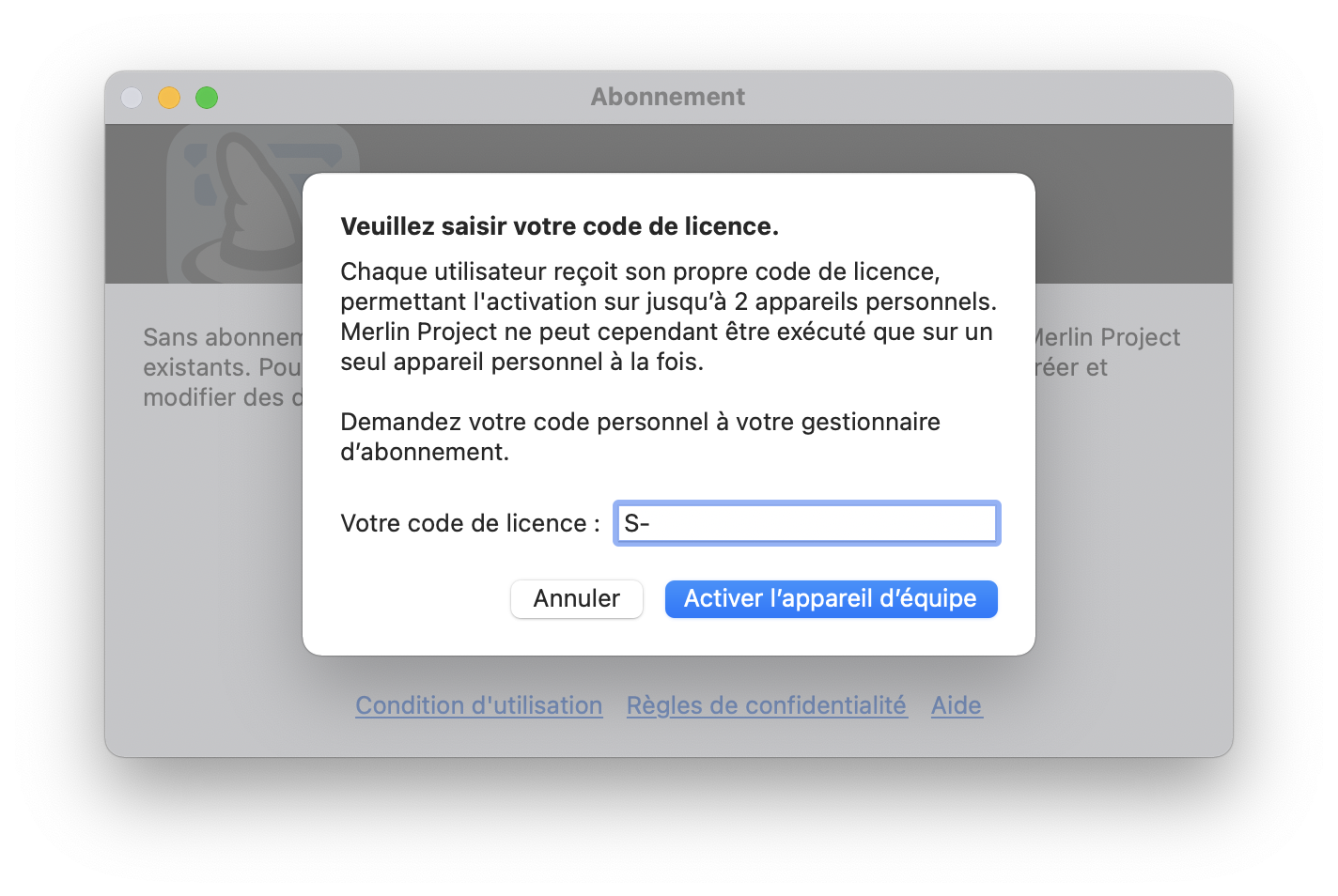 Entrez le code de licence