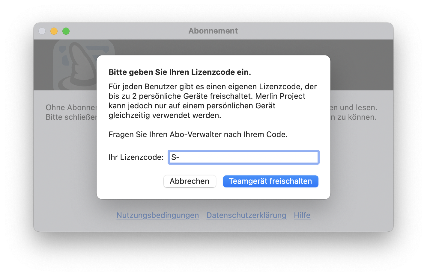 Lizenzcode eingeben