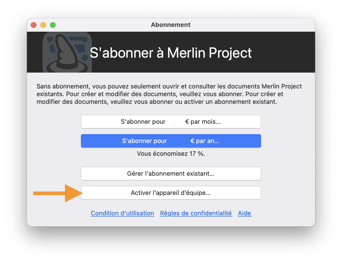 Activer l'appareil d'équipe
