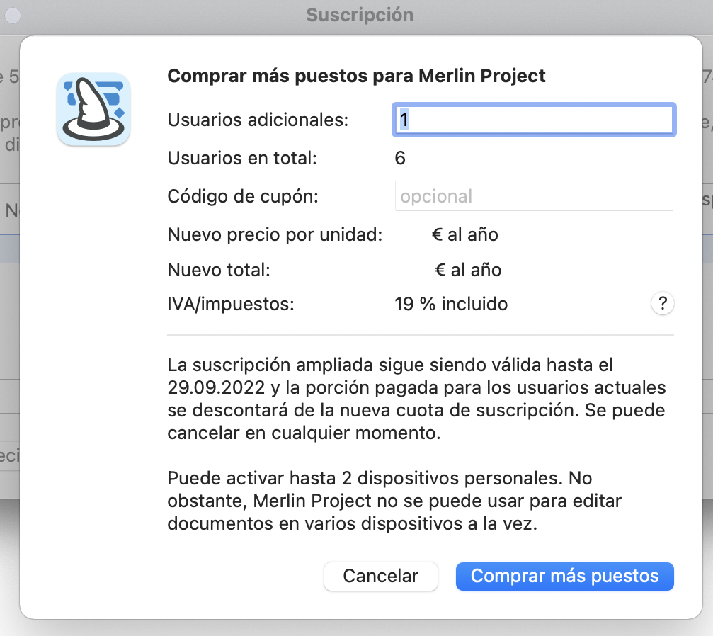 Añadir 1 licencia a una suscripción de 5 usuarios
