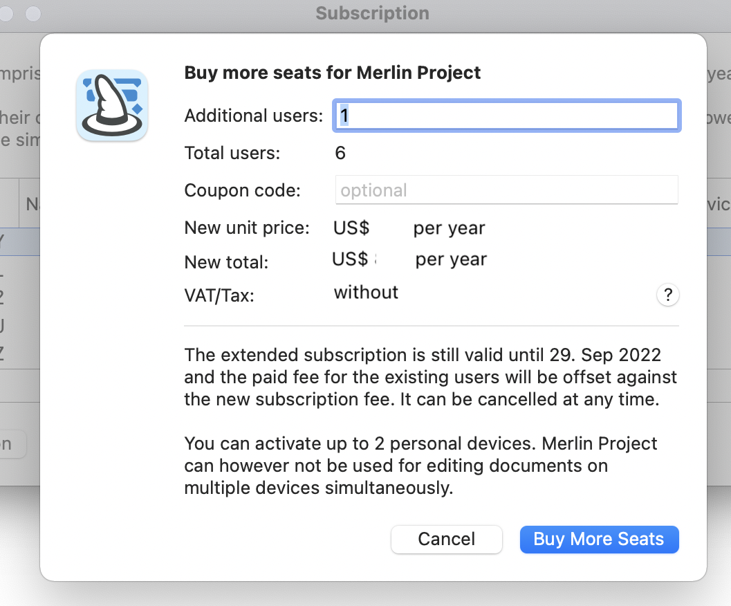 Add 1 license to a 5 user subscription Add 1 license to a 5 user subscription