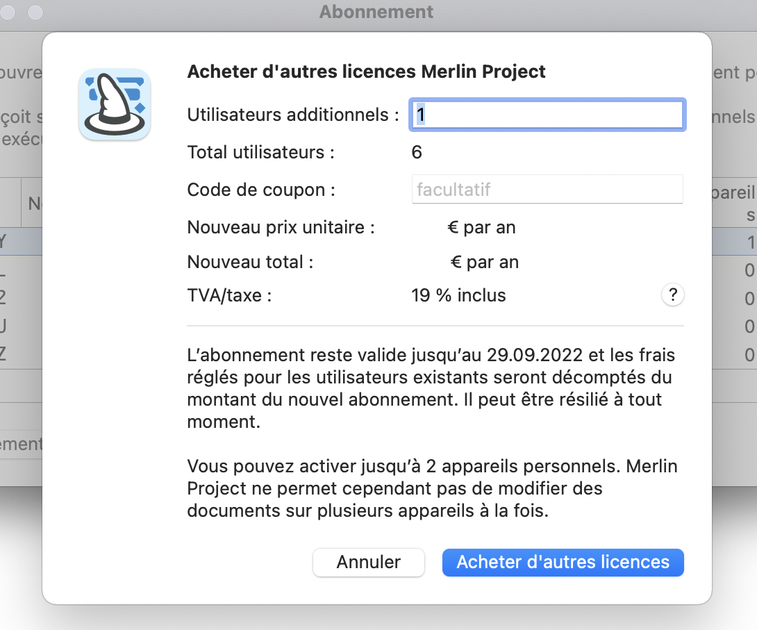 Ajouter 1 licence à l'abonnement de 5 utilisateurs Ajouter 1 licence à l'abonnement de 5 utilisateurs