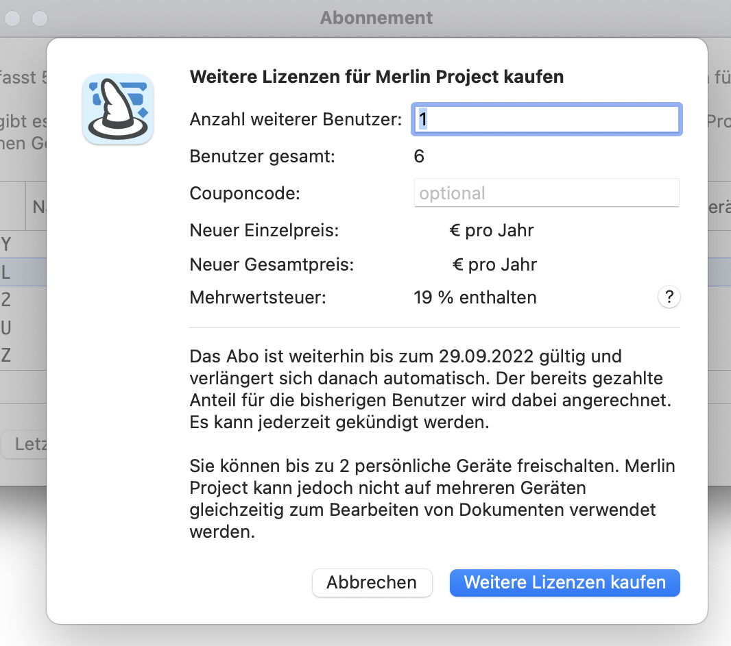 1 Lizenz zum 5er Abonnement hinzufügen