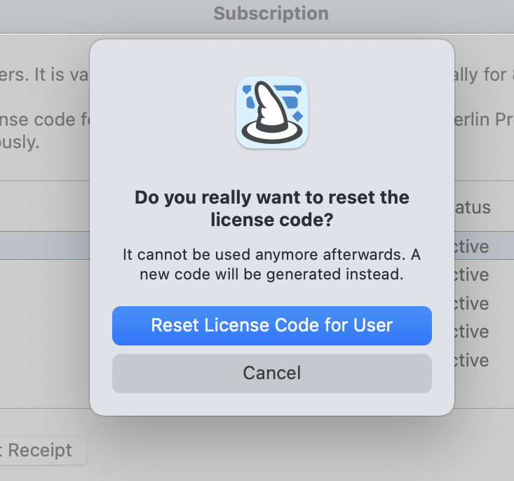 Reset license code for user Reset license code for user
