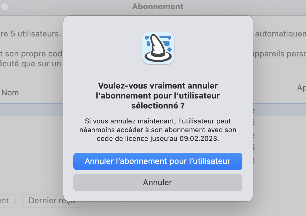 Résilier l'abonnement pour l'utilisateur Résilier l'abonnement pour l'utilisateur