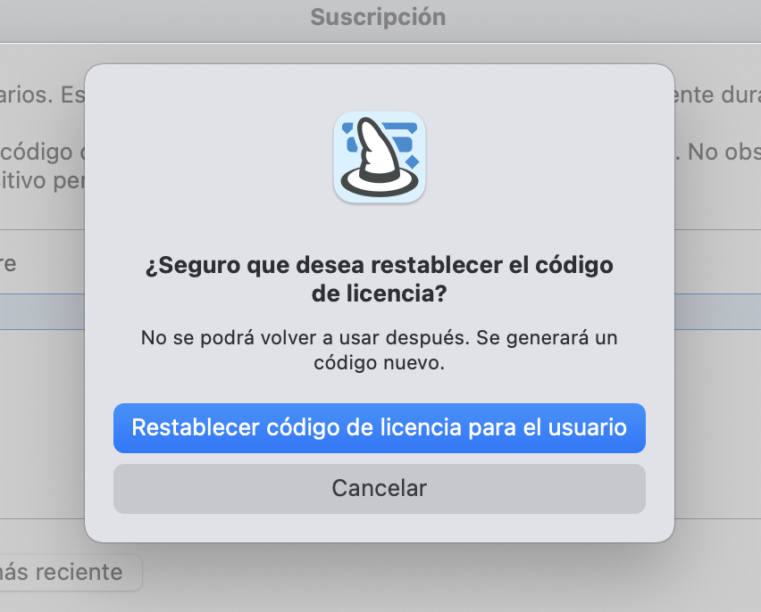 Restablecer código de licencia para el usuario Restablecer código de licencia para el usuario