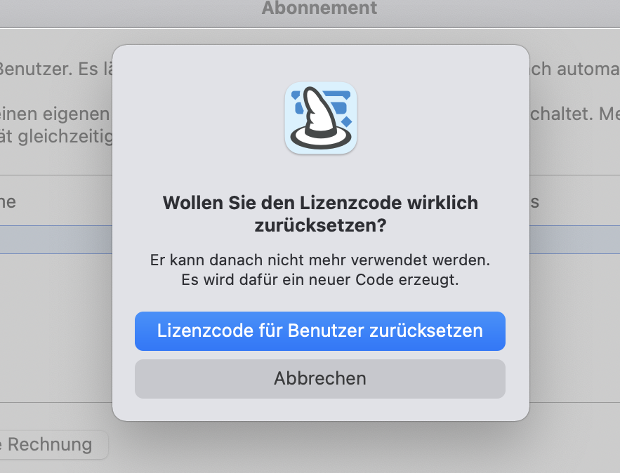 Lizenzcode für Benutzer zurücksetzen