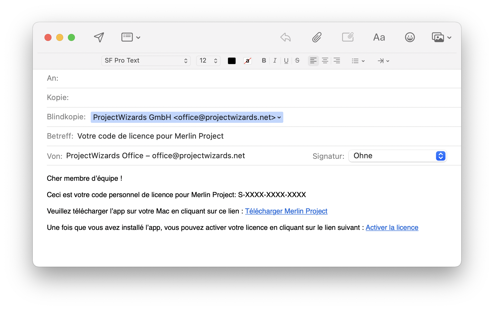 Envoyer les instructions de licence par e-mail