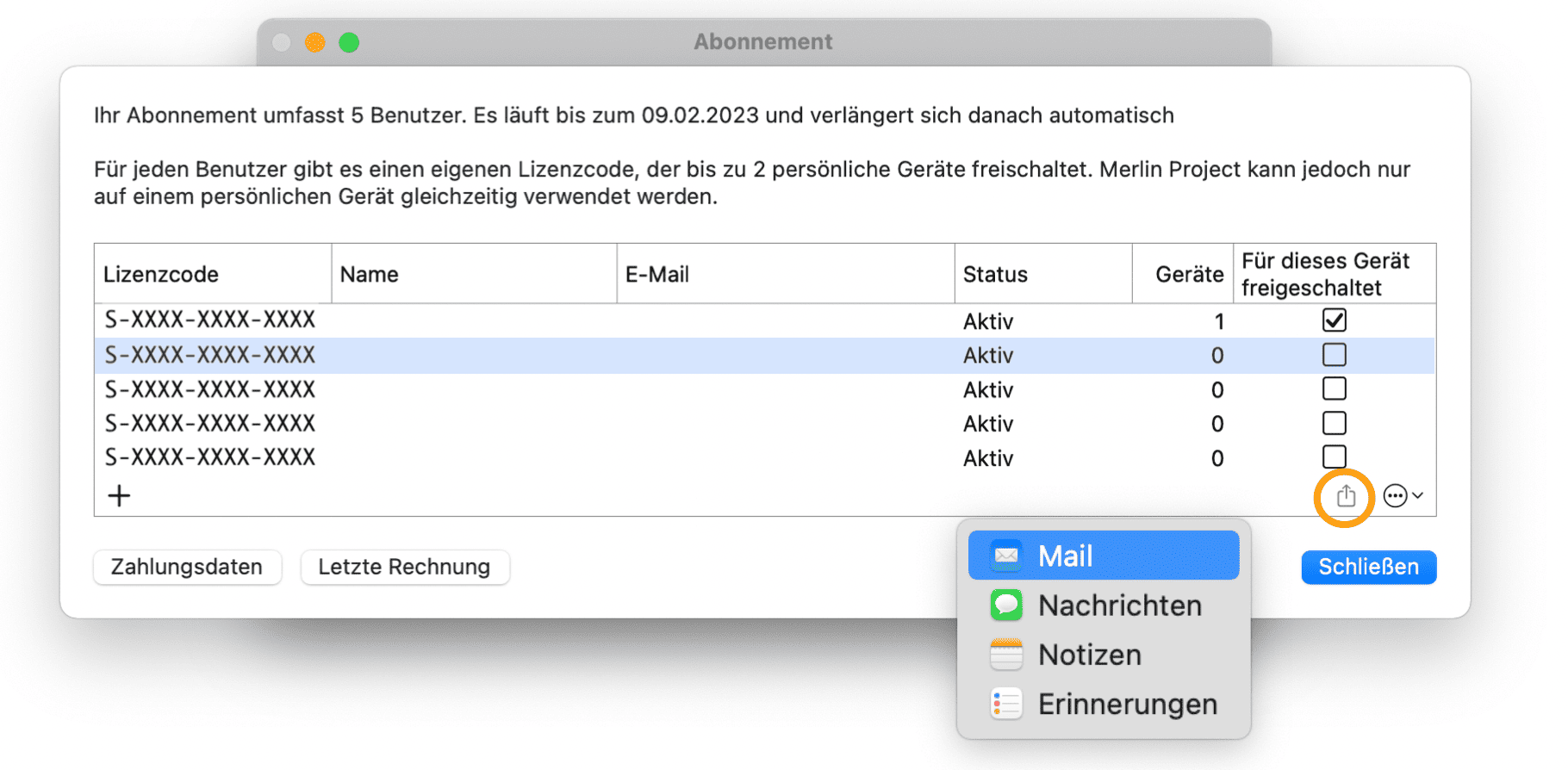 Lizenzcode weiterleiten