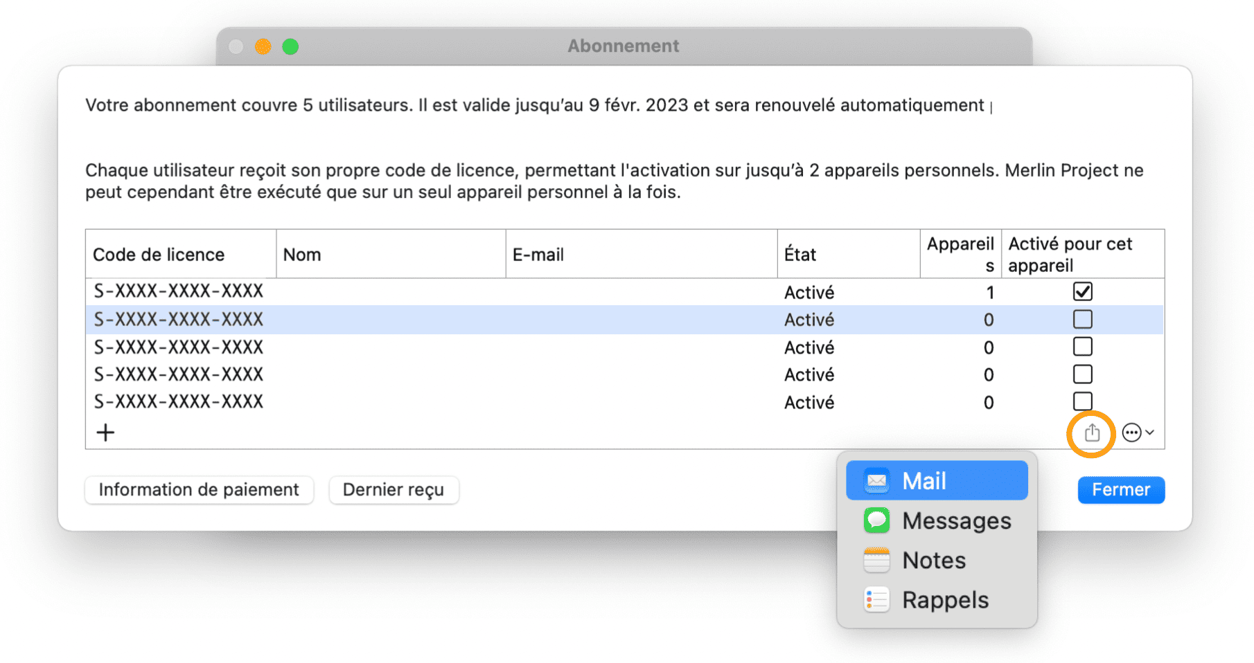 Transmettre le code de licence