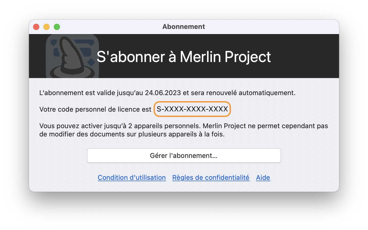 Numéro de licence Merlin Project