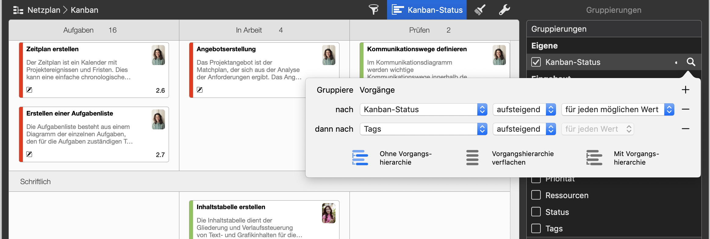 Merlin Project Gruppierungsoptionen für Swimlanes