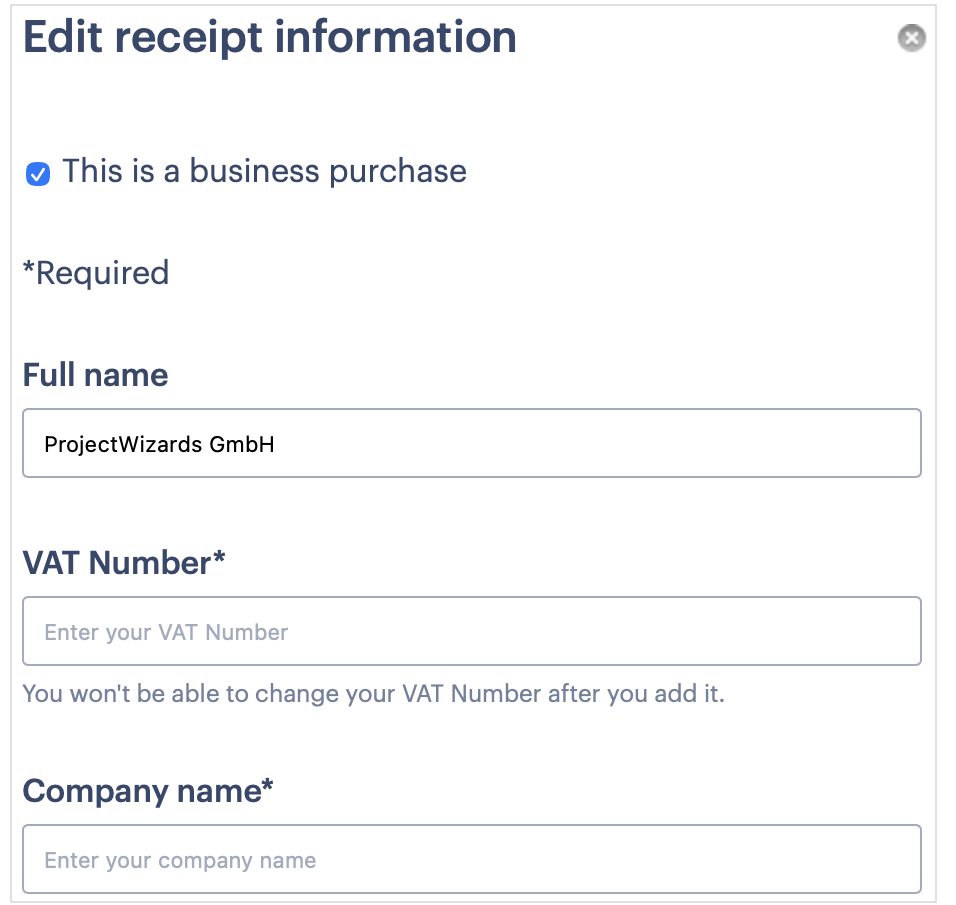 Enter billing address & VAT Number