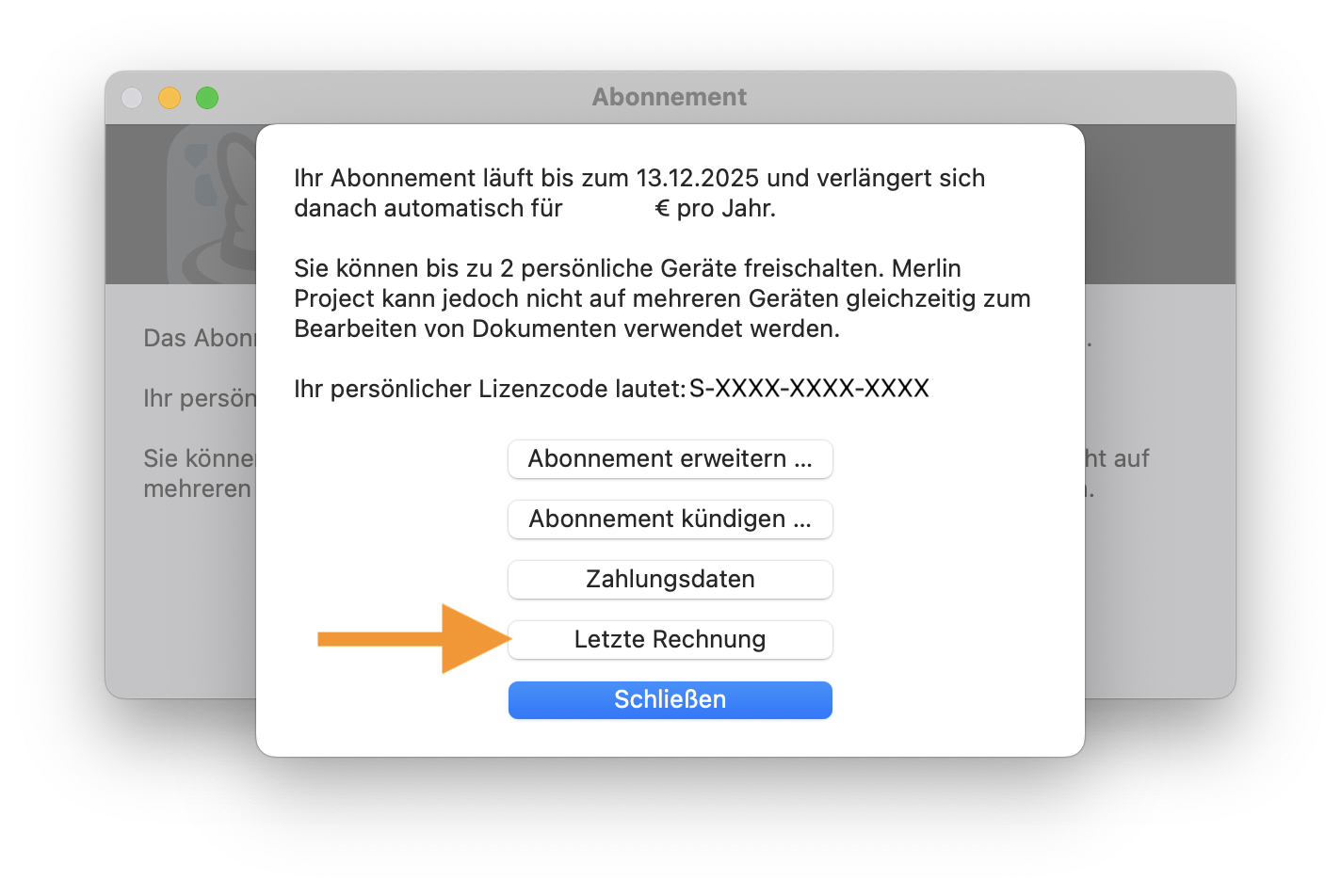 Letzte Rechnung in Merlin Project abrufen