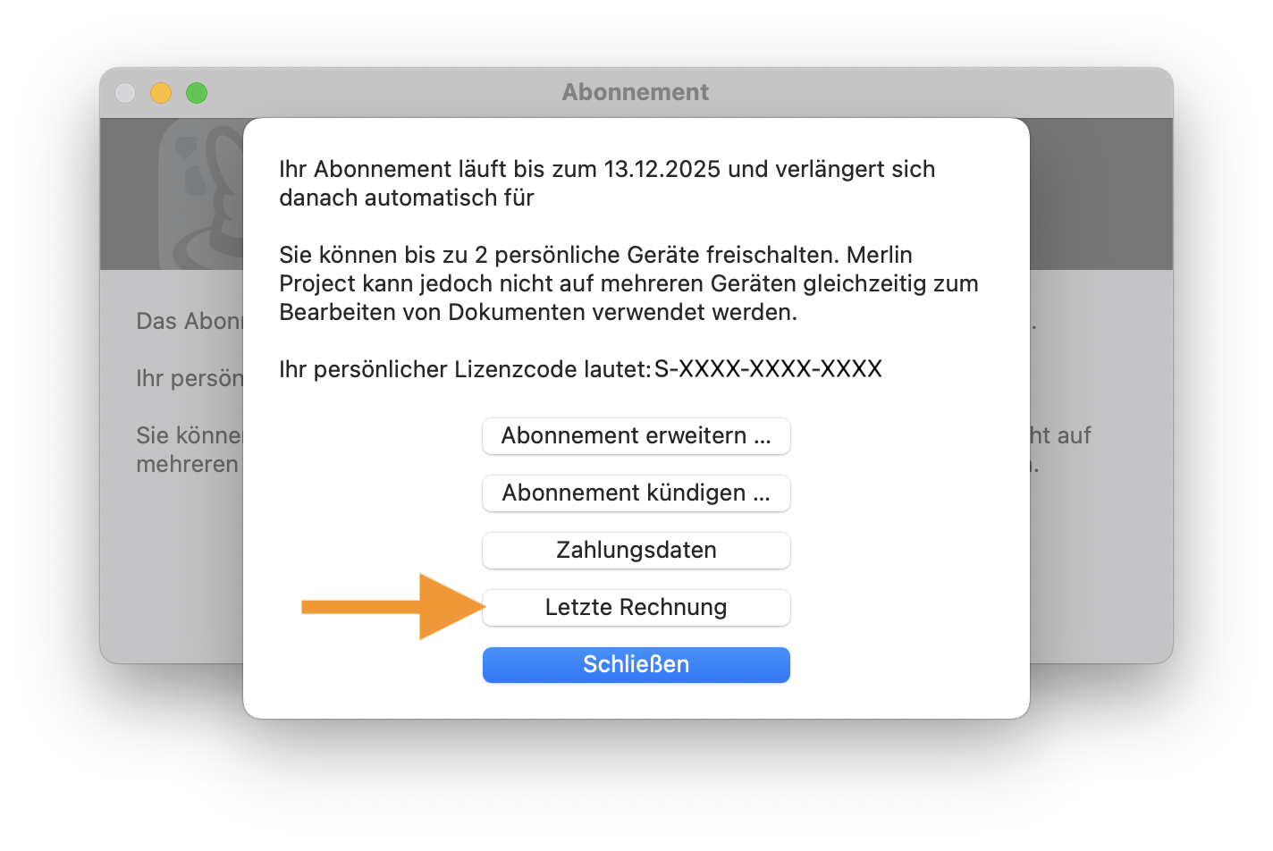 Letzte Rechnung in Merlin Project abrufen
