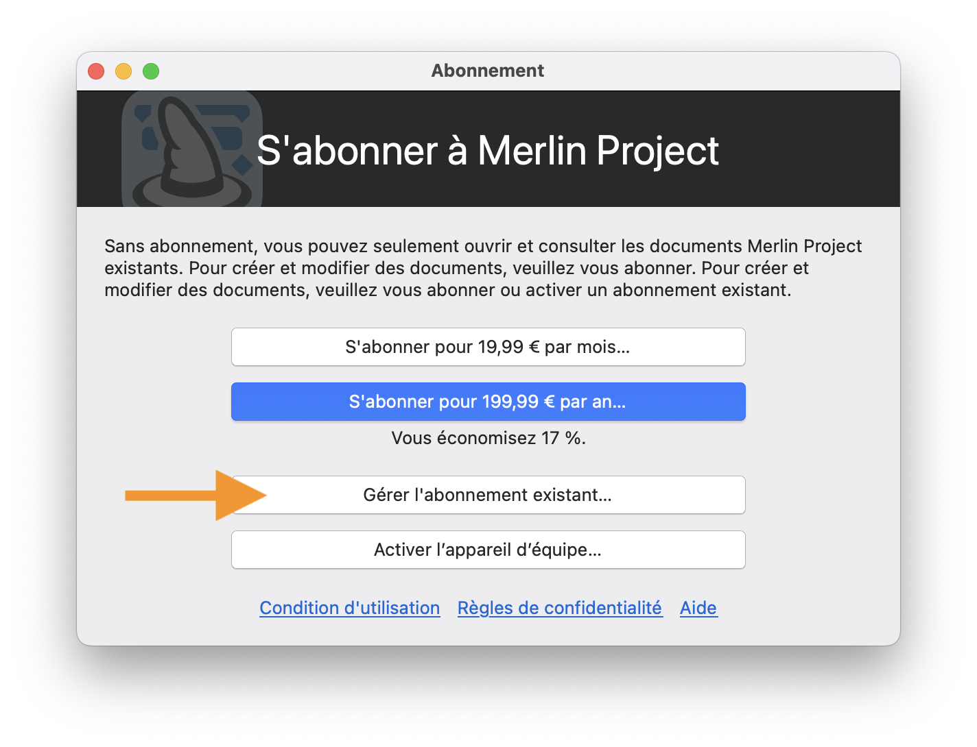 Gérer l'abonnement existant Gérer l'abonnement existant