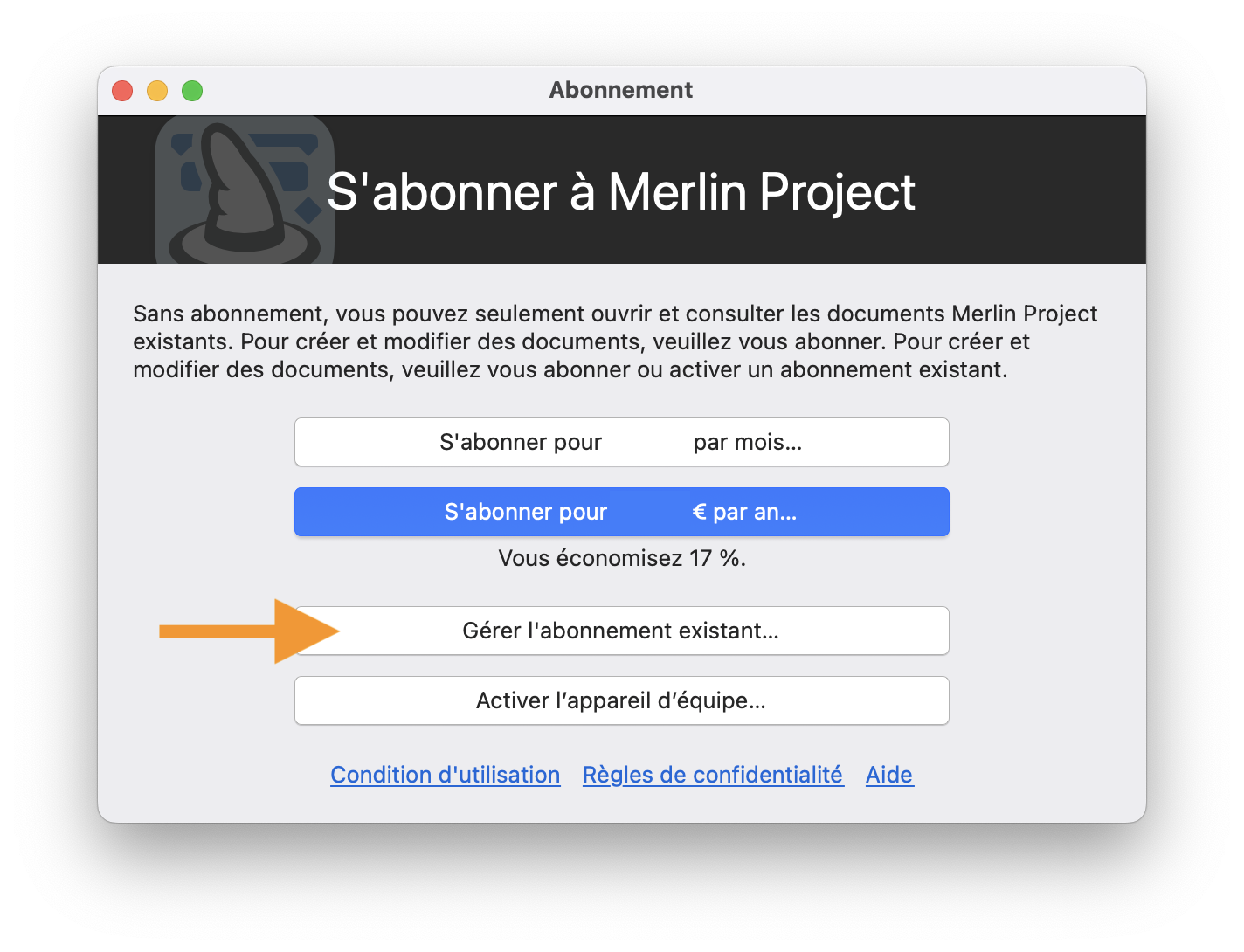Gérer l'abonnement existant Gérer l'abonnement existant