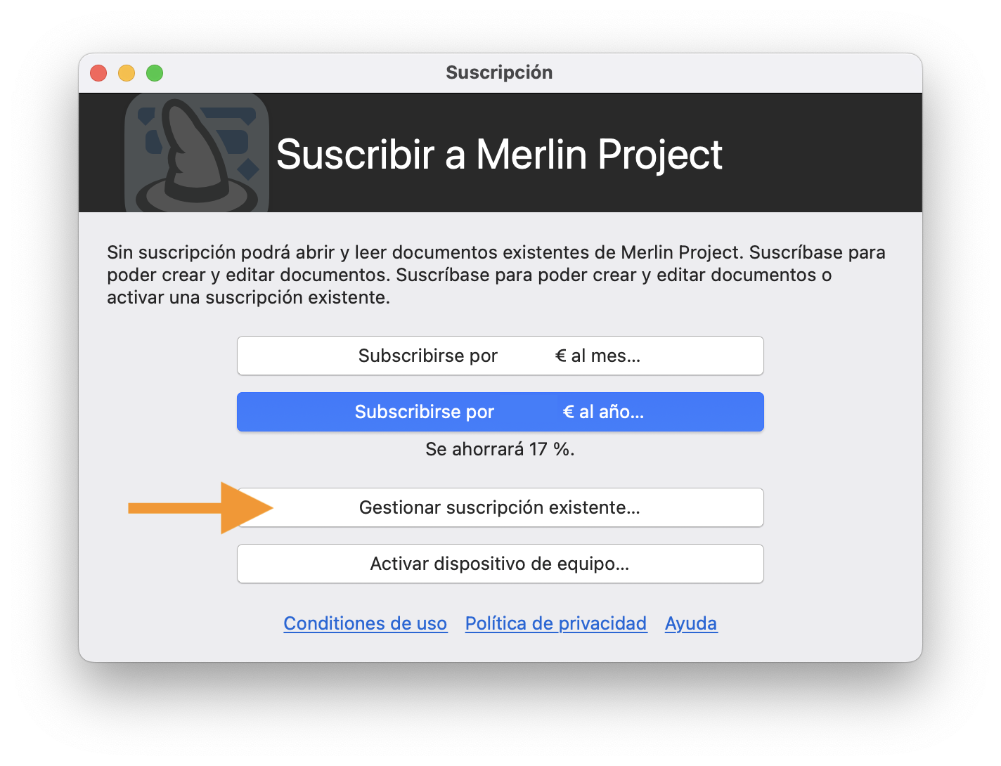 Gestionar suscripción existente