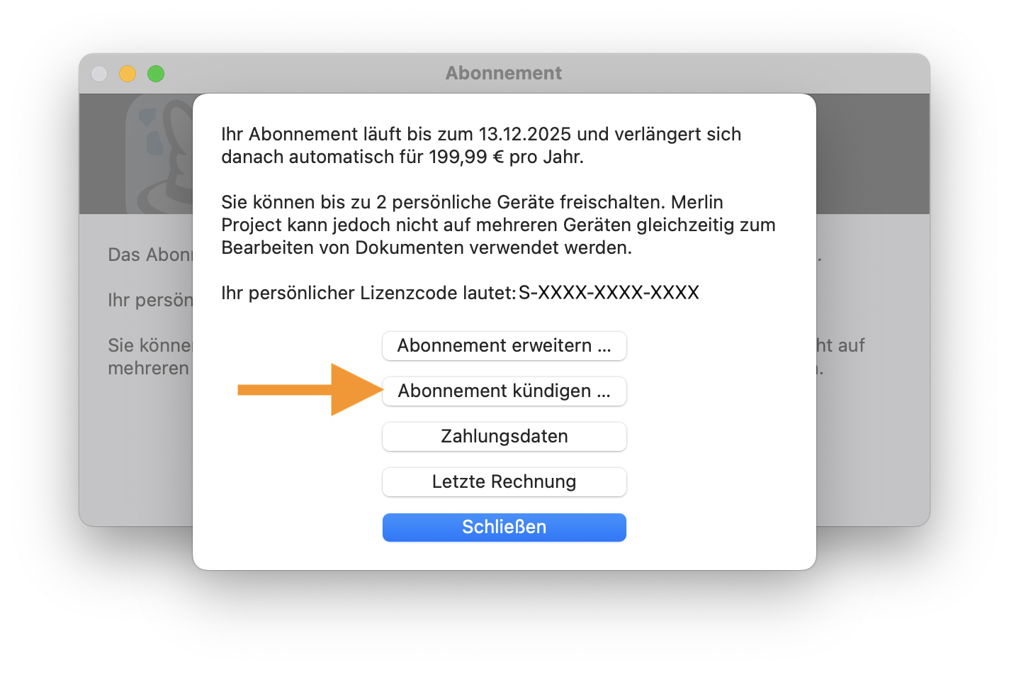 Automatische Verlängerung des Merlin Project-Abonnements abschalten