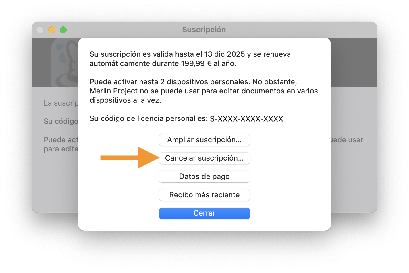 Desactive la renovación automática de la suscripción a Merlin Project