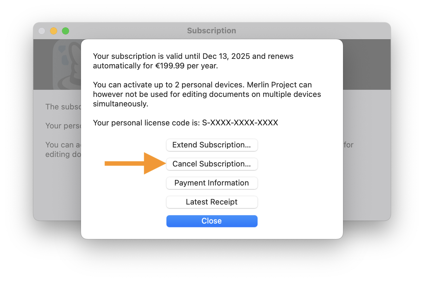 Disable automatic renewal of Merlin Project subscription