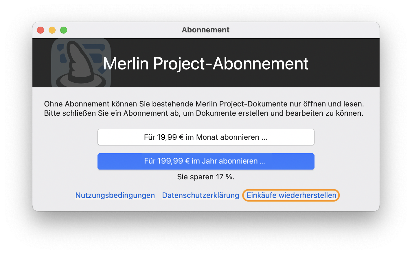Einkäufe in Merlin Project wiederherstellen