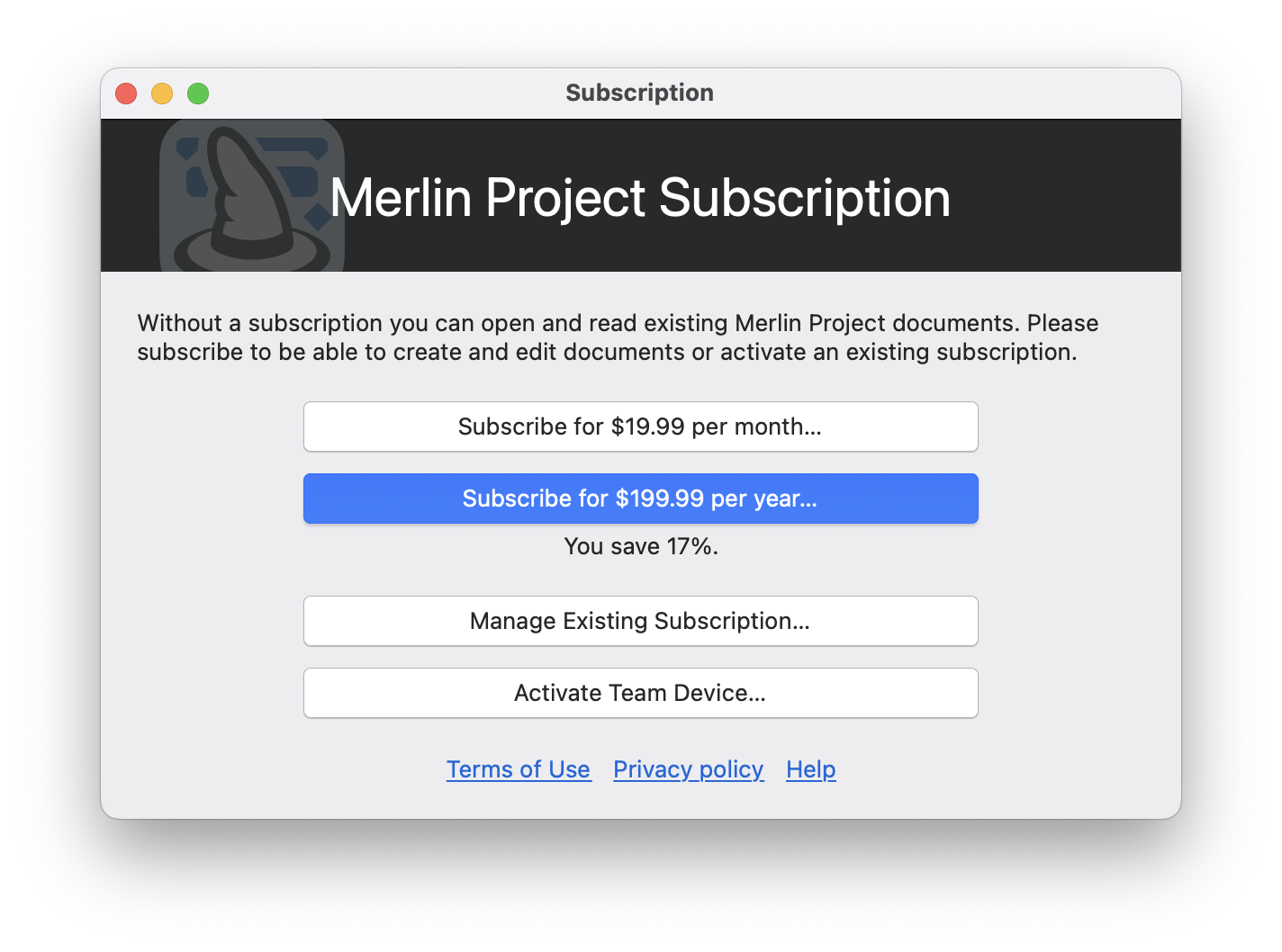 Activate Merlin Project subscription