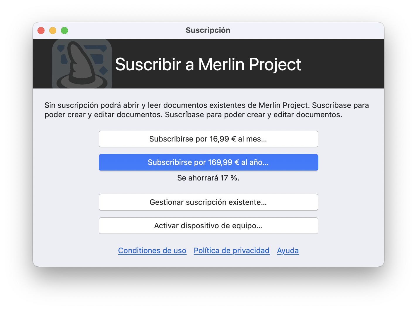 Activar la suscripción a Merlin Project