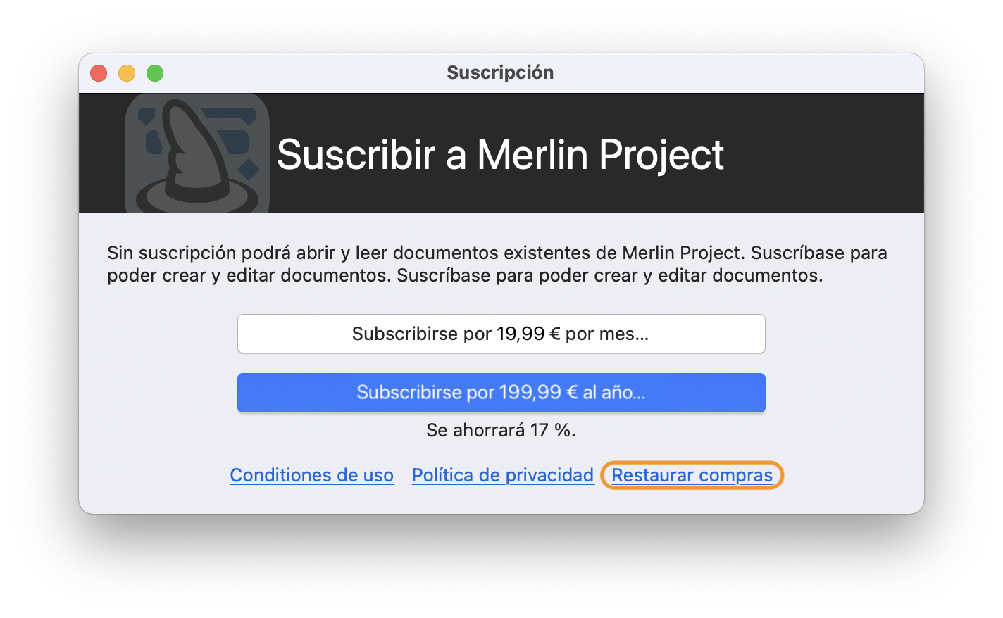 Restaurar compras en Merlin Project