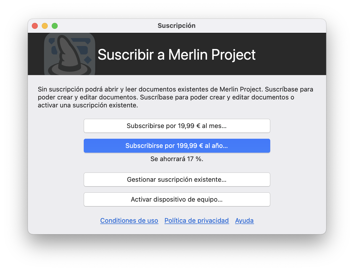 Activar la suscripción a Merlin Project