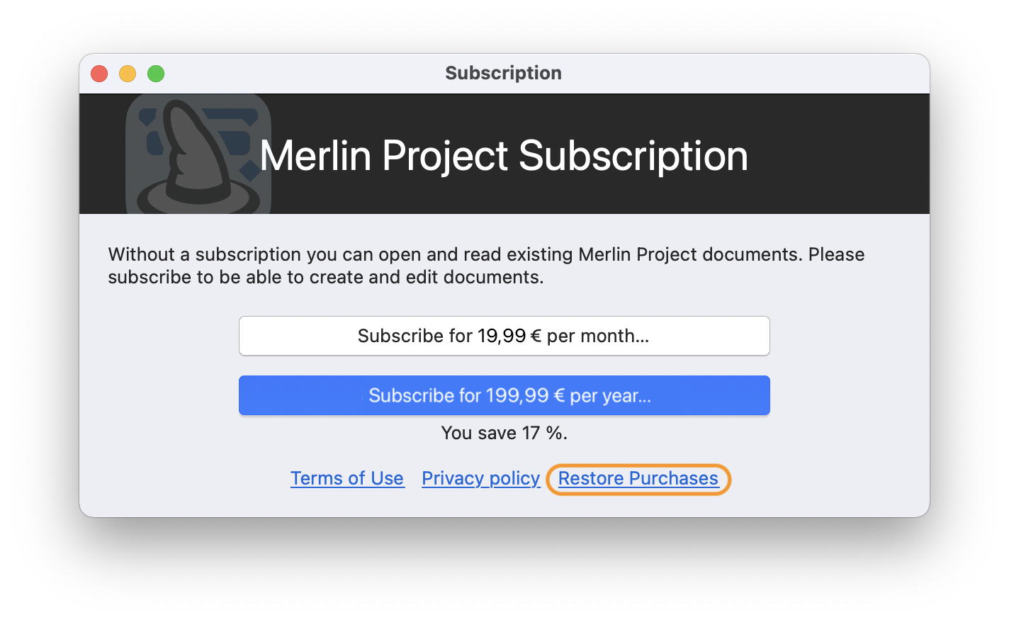 Restore Purchases in Merlin Project
