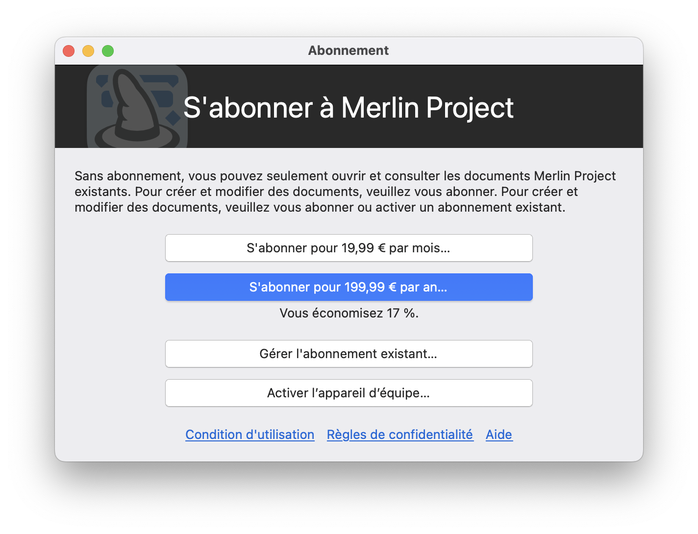 Activer l'abonnement Merlin Project