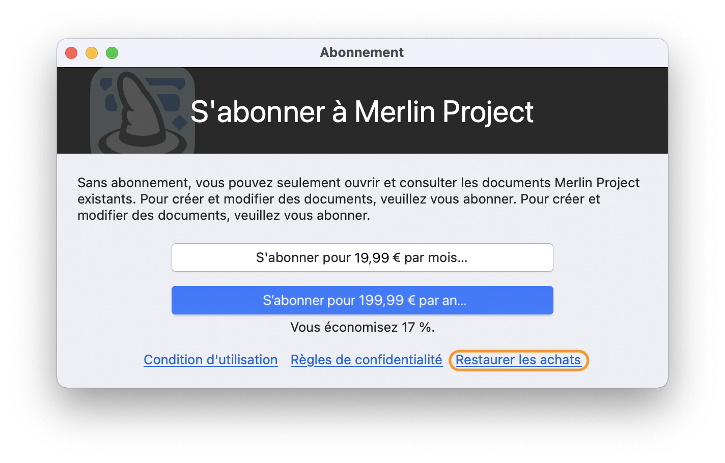 Restaurer les achats dans Merlin Project Restaurer les achats dans Merlin Project