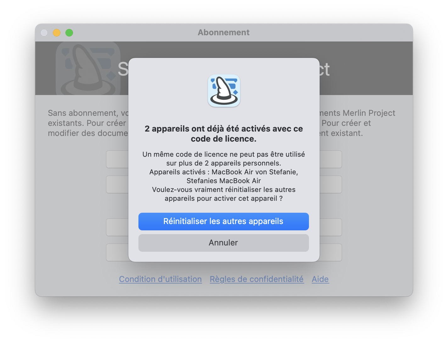 Réinitialiser la licence sur d'autres appareils Réinitialiser la licence sur d'autres appareils