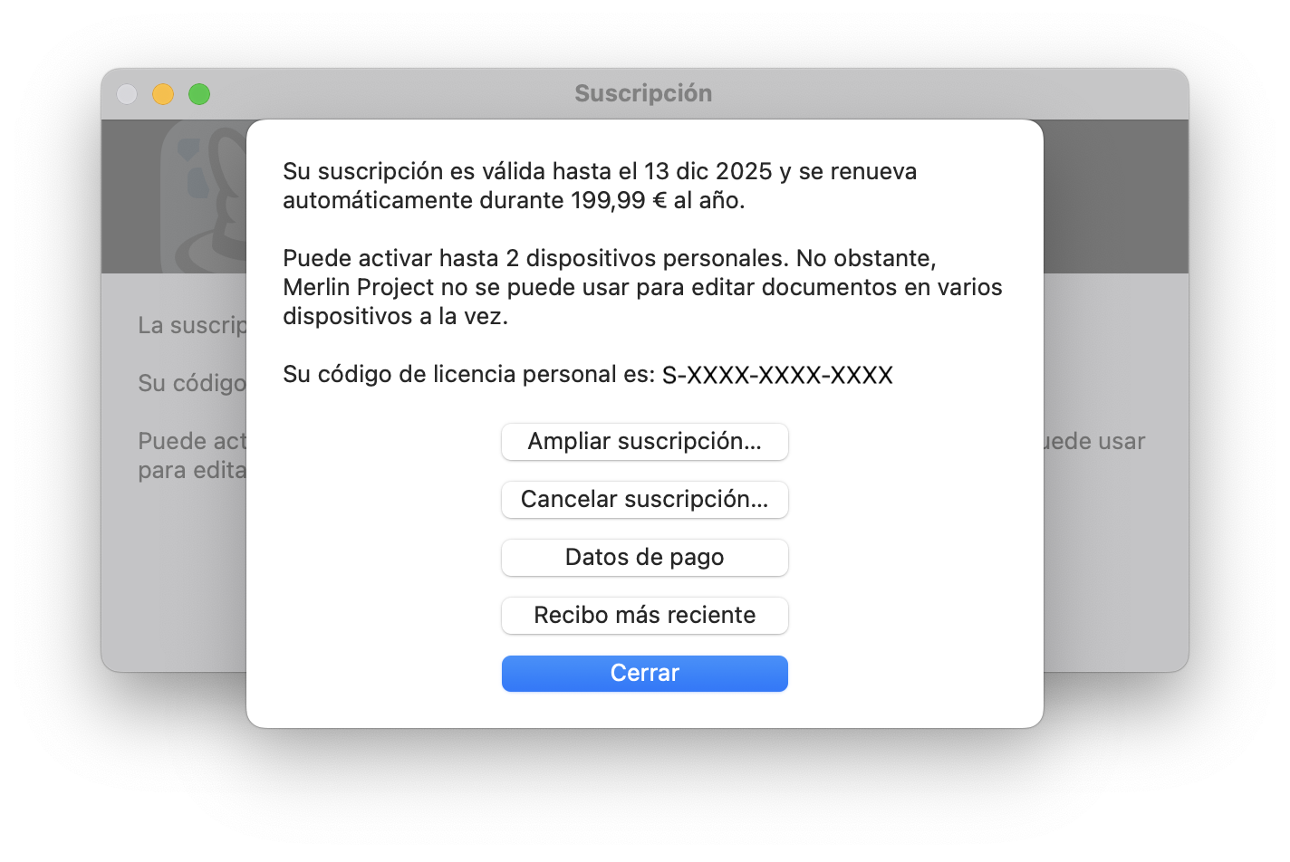 Gestionar la suscripción en Merlin Project